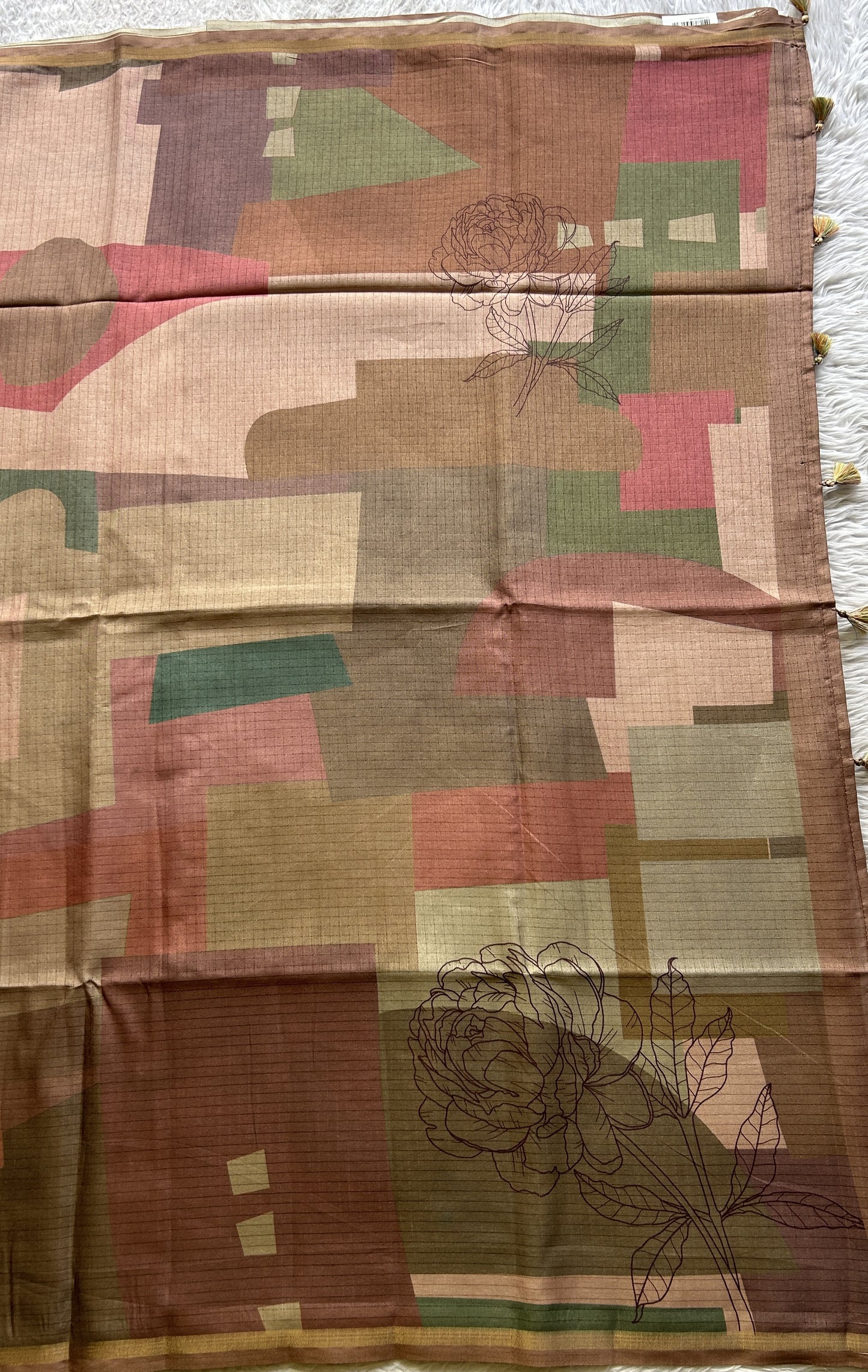Semi Tussar Saree Multi Colored complemented with a Zari Border. - Sampradaya Designer Studio