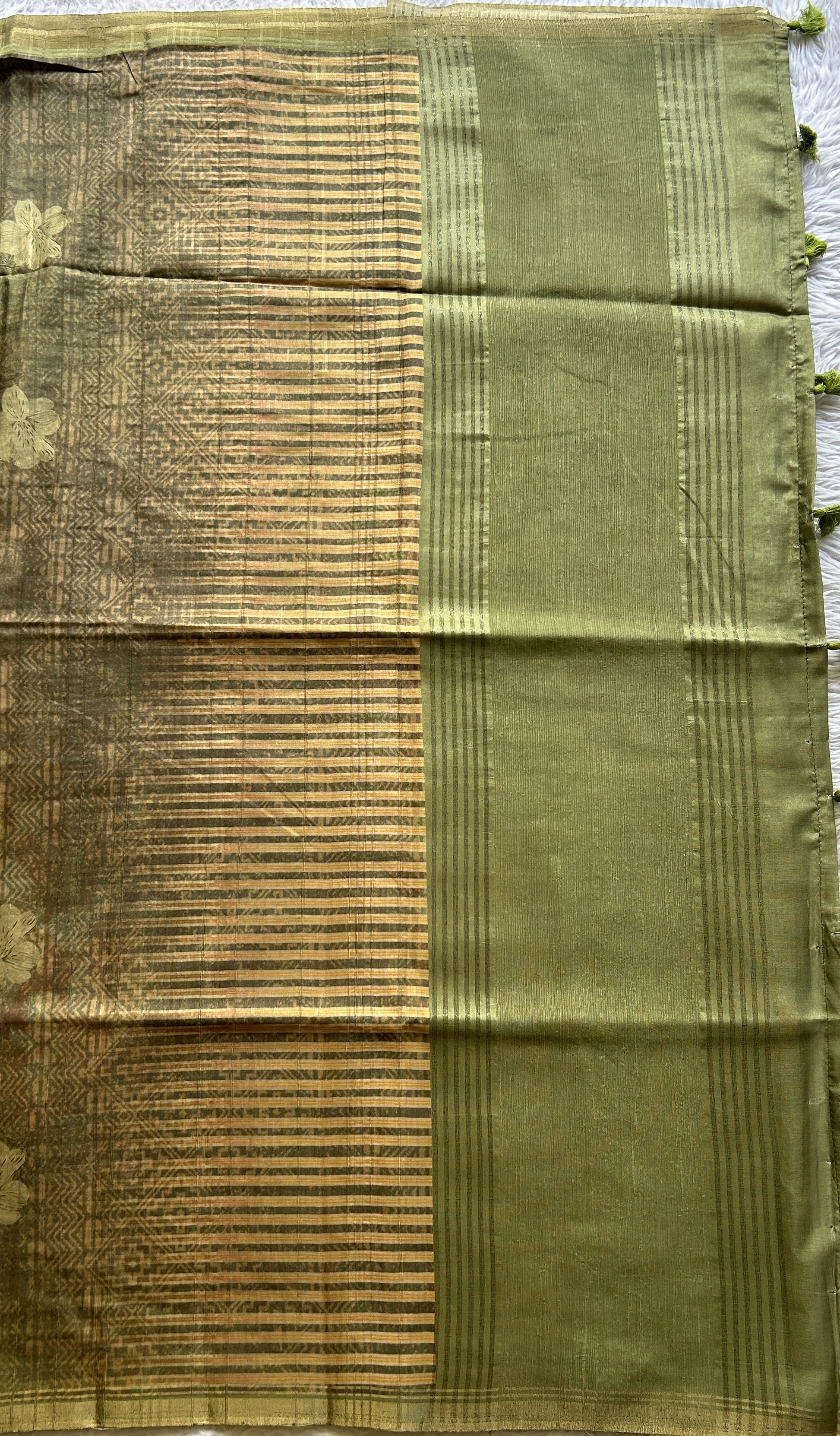 Semi Tussar Saree Avocado Colored complemented with a Zari Border. - Sampradaya Designer Studio