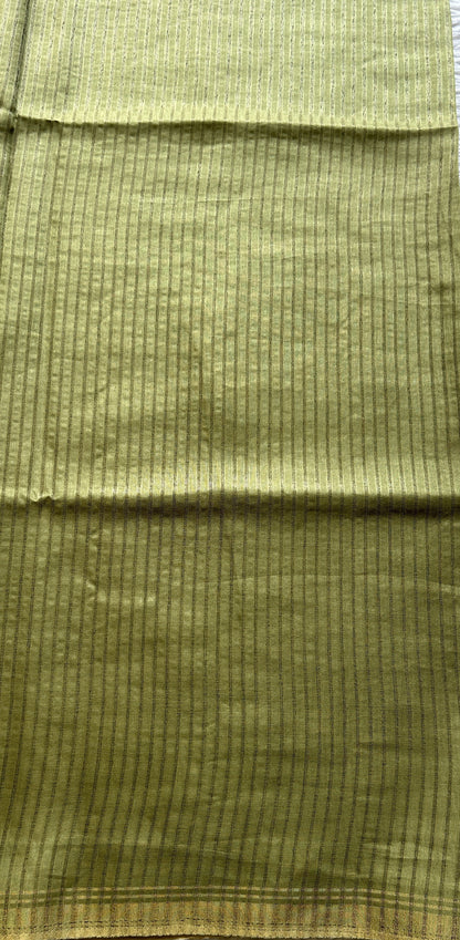 Semi Tussar Saree Avocado Colored complemented with a Zari Border. - Sampradaya Designer Studio