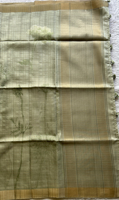Semi Tussar Saree Mint Colored complemented with a Zari Border. - Sampradaya Designer Studio