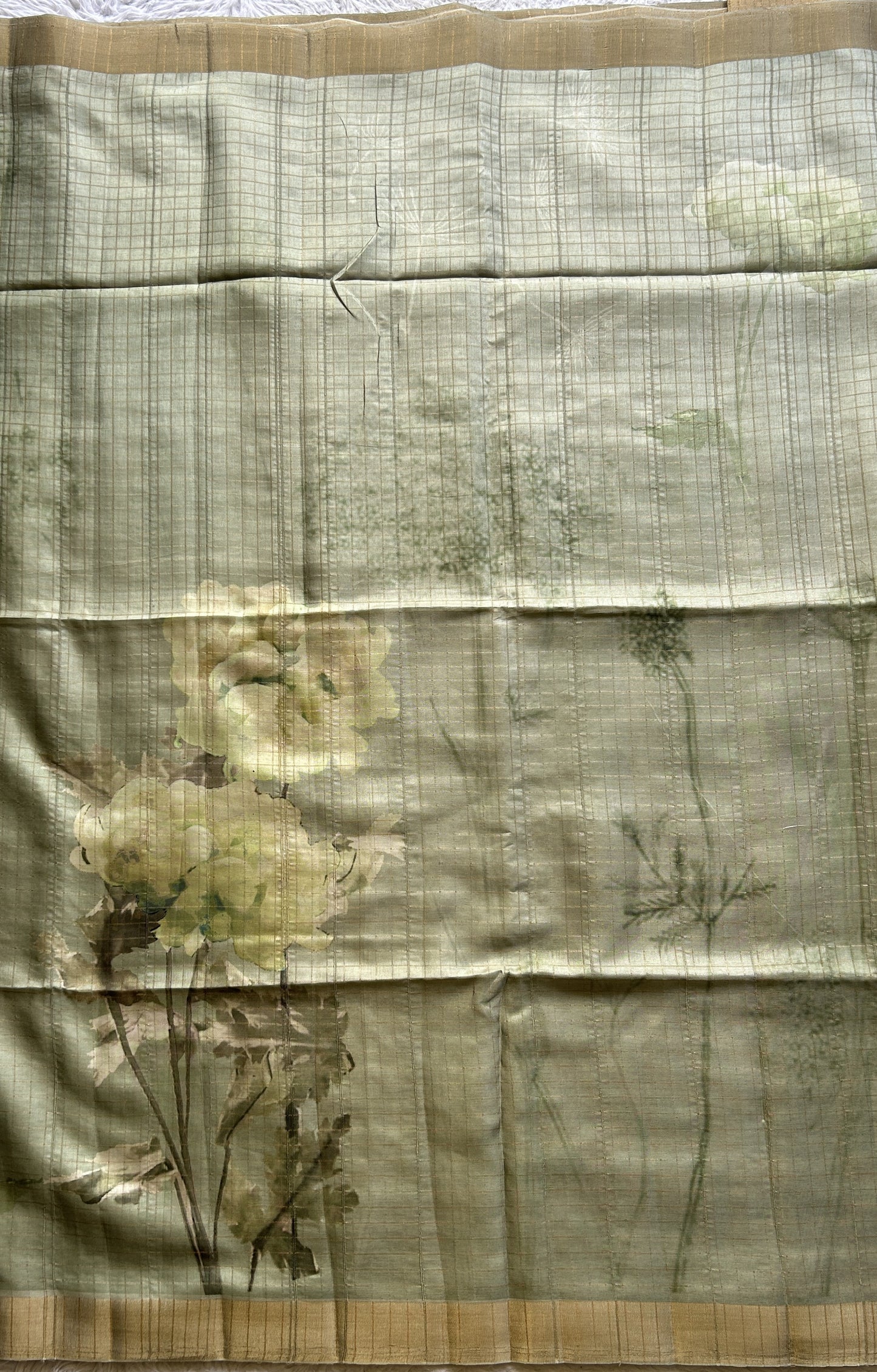 Semi Tussar Saree Mint Colored complemented with a Zari Border. - Sampradaya Designer Studio