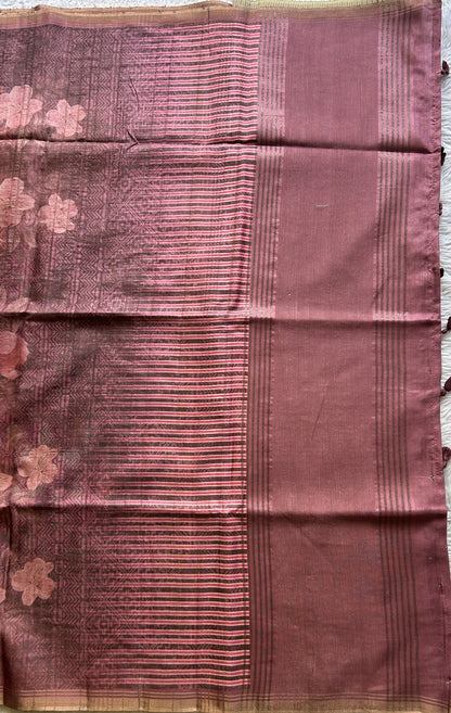 Semi Tussar Saree Currant Colored complemented with a Zari Border. - Sampradaya Designer Studio