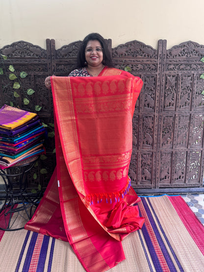 Orange Gadwal Silk Saree with Gold Zari Border — Pure Handloom | Silk Mark Certified