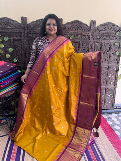 Masted Yellow Gadwal Silk Saree with Gold Zari Border — Pure Handloom | Silk Mark Certified