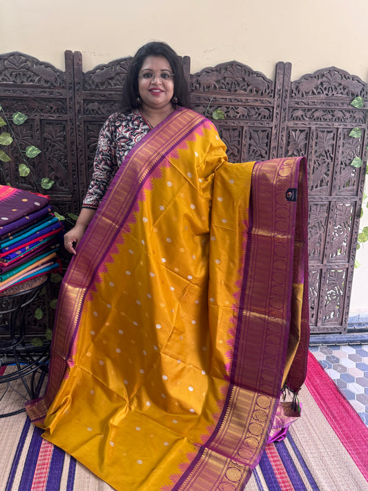 Masted Yellow Gadwal Silk Saree with Gold Zari Border — Pure Handloom | Silk Mark Certified