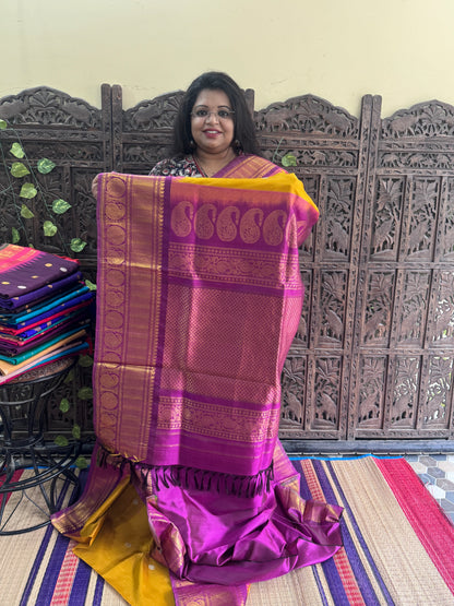 Masted Yellow Gadwal Silk Saree with Gold Zari Border — Pure Handloom | Silk Mark Certified
