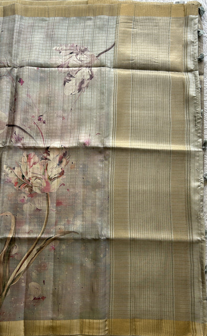 Semi Tussar Saree Light Ash Colored complemented with a Zari Border. - Sampradaya Designer Studio