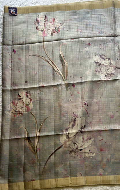 Semi Tussar Saree Light Ash Colored complemented with a Zari Border. - Sampradaya Designer Studio