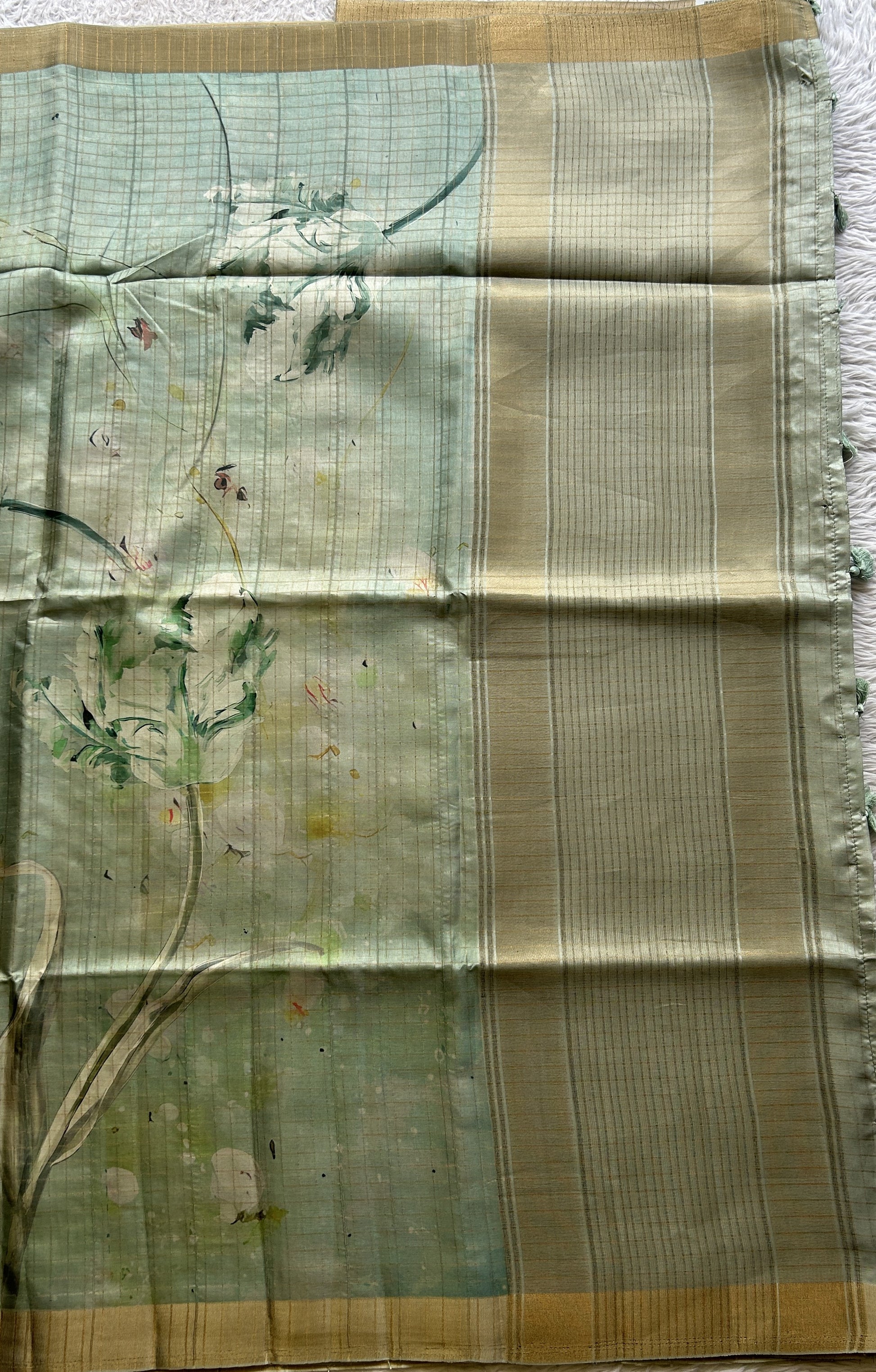 Semi Tussar Saree Teal Mist Colored complemented with a Zari Border. - Sampradaya Designer Studio