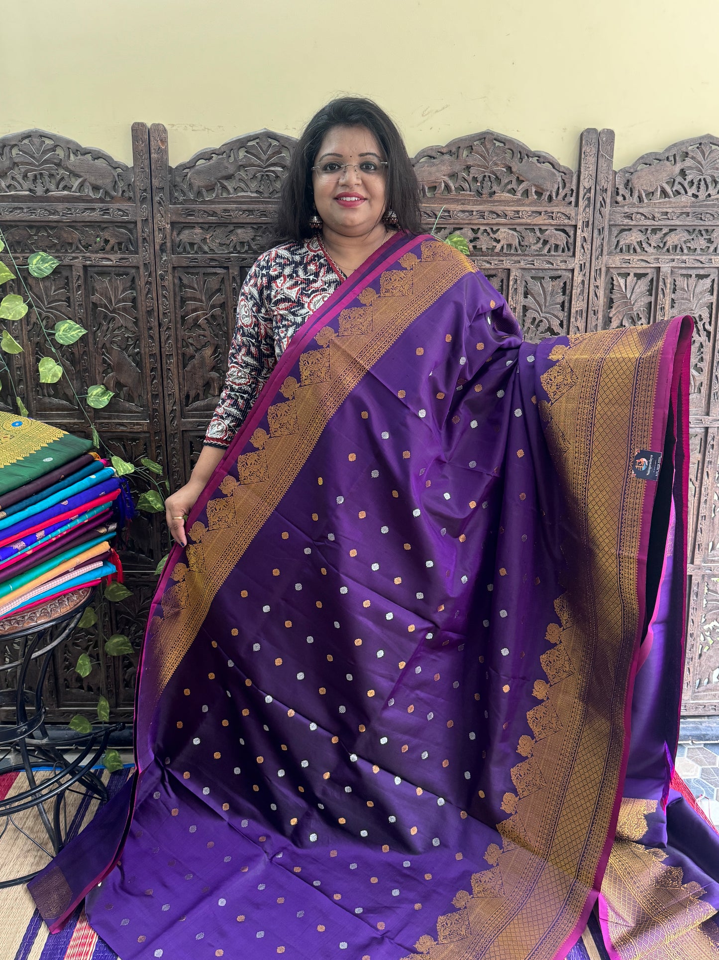Purple Gadwal Silk Saree with Gold Zari Border — Pure Handloom | Silk Mark Certified