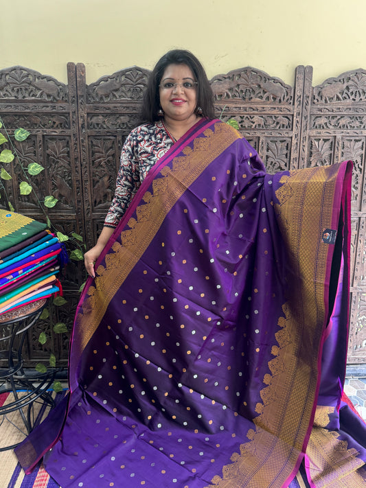 Purple Gadwal Silk Saree with Gold Zari Border — Pure Handloom | Silk Mark Certified