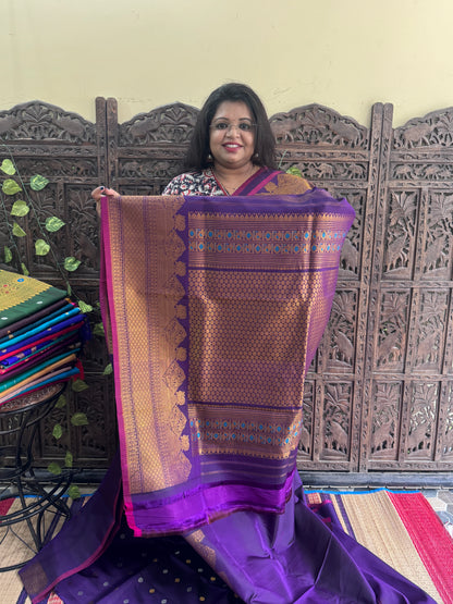 Purple Gadwal Silk Saree with Gold Zari Border — Pure Handloom | Silk Mark Certified