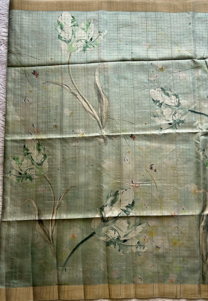 Semi Tussar Saree Teal Mist Colored complemented with a Zari Border. - Sampradaya Designer Studio