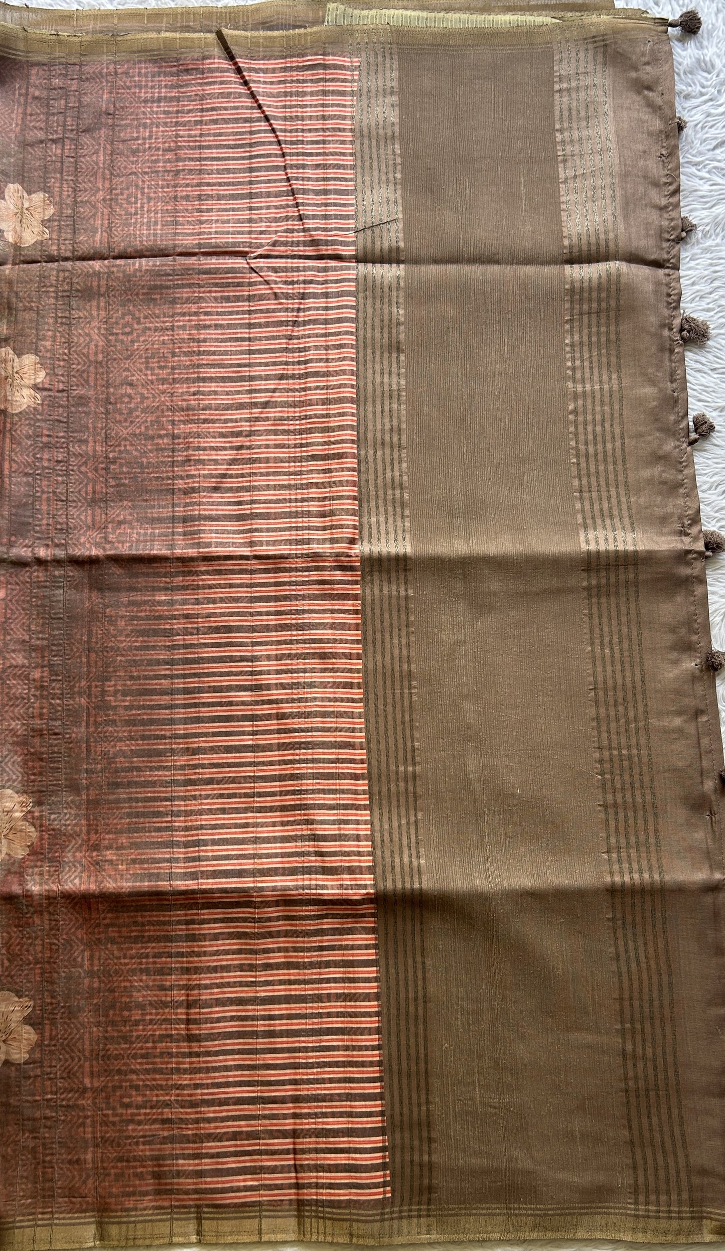 Semi Tussar Saree Russet Colored complemented with a Zari Border. - Sampradaya Designer Studio