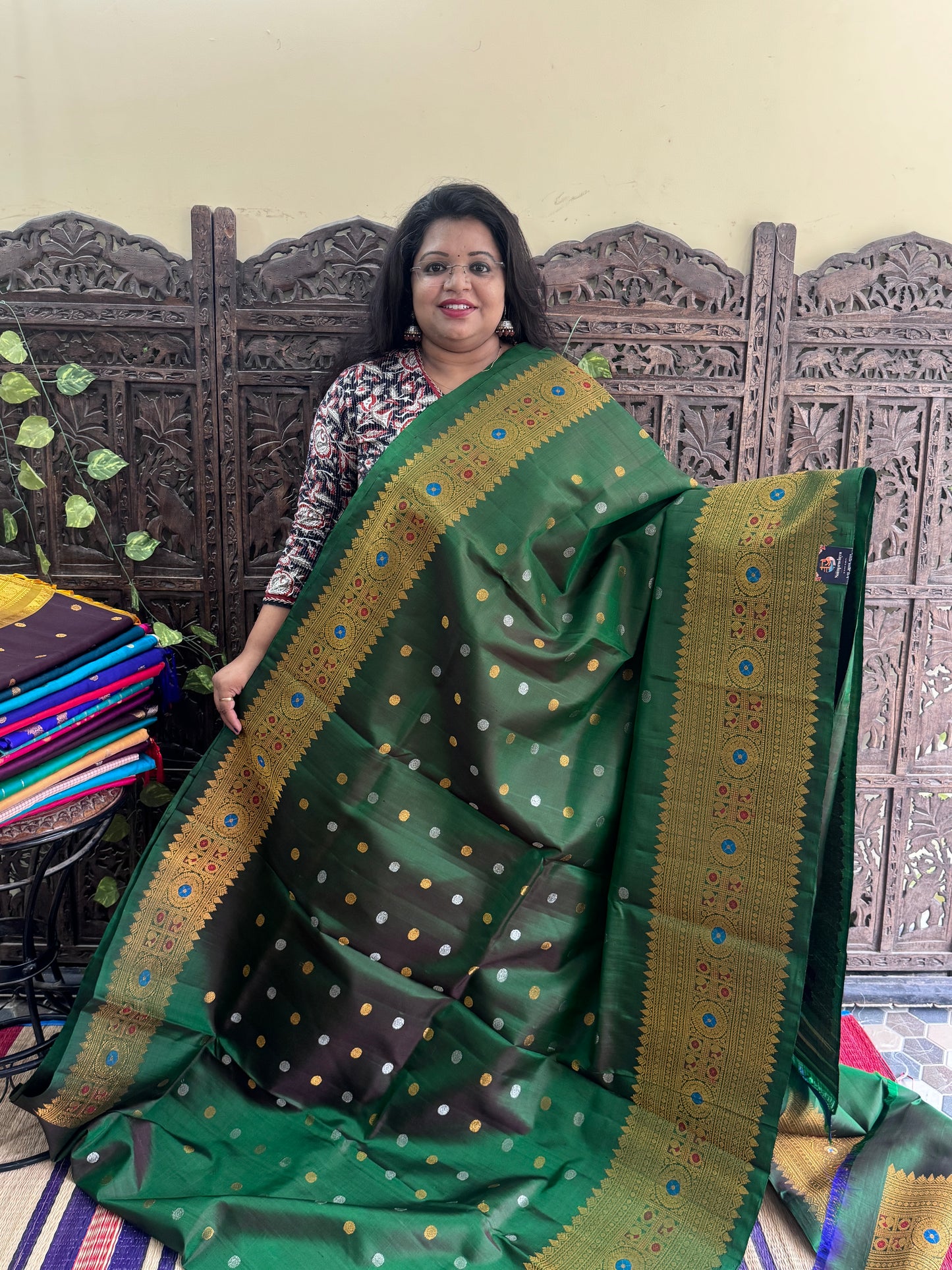 Bottle Green Gadwal Silk Saree with Gold Zari Border — Pure Handloom | Silk Mark Certified