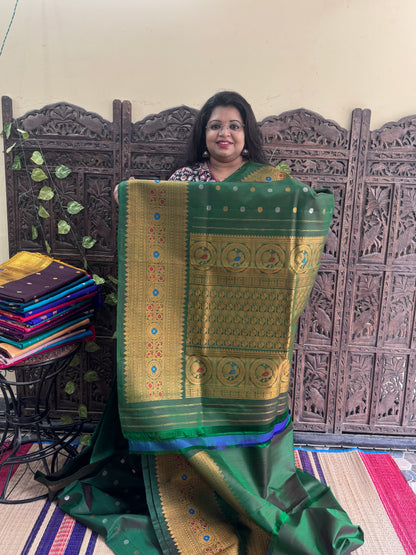 Bottle Green Gadwal Silk Saree with Gold Zari Border — Pure Handloom | Silk Mark Certified