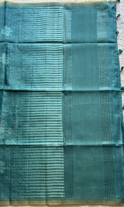 Semi Tussar Saree Blue Colored complemented with a Zari Border. - Sampradaya Designer Studio