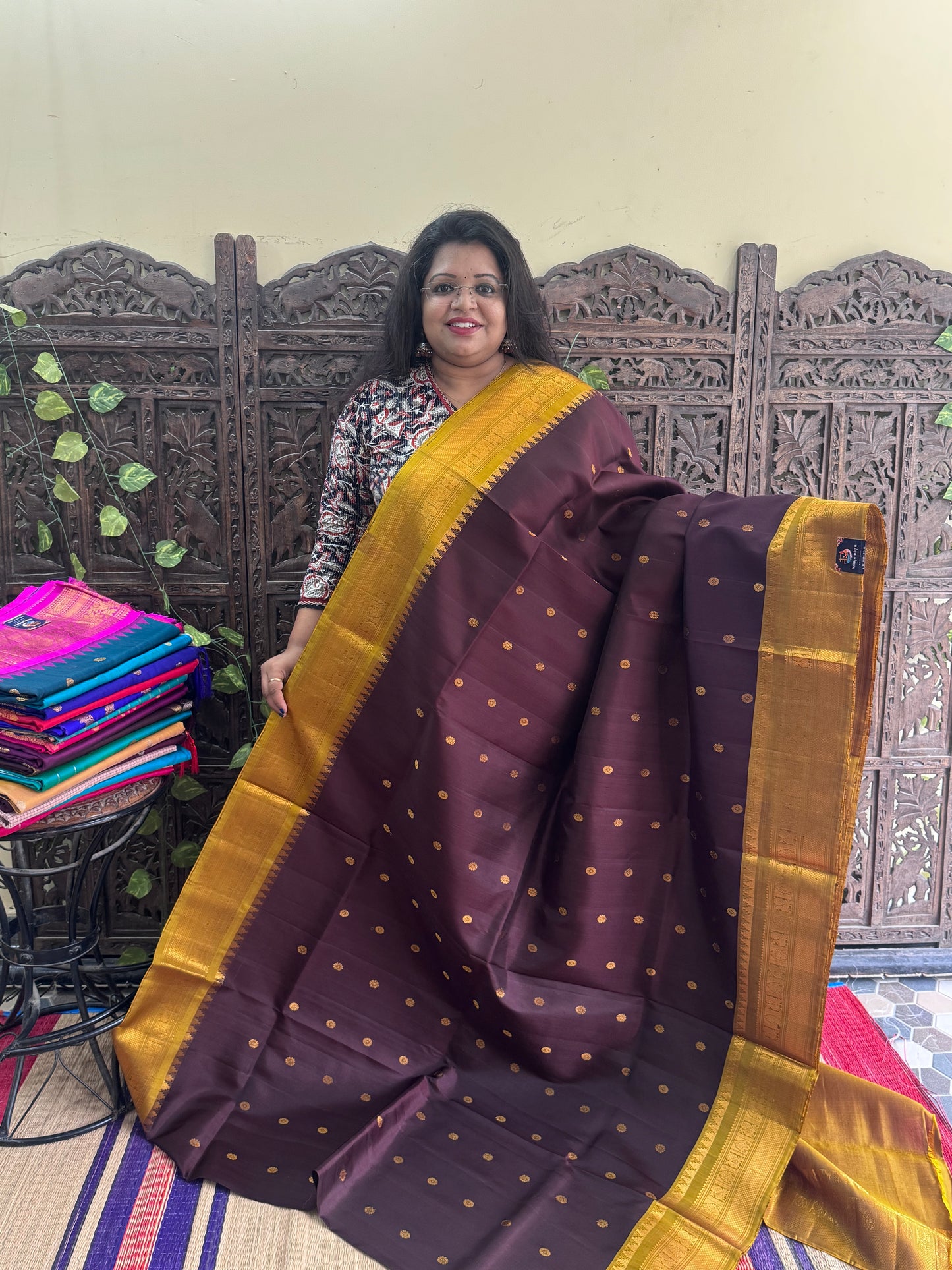 Brown Gadwal Silk Saree with Gold Zari Border — Pure Handloom | Silk Mark Certified