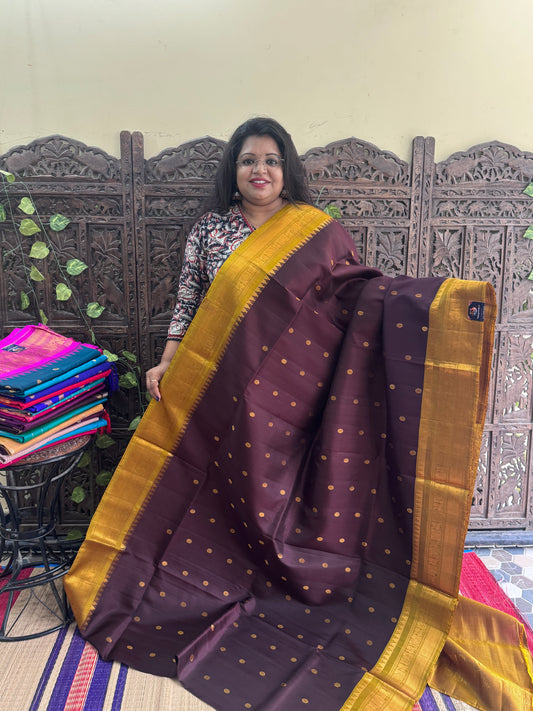 Brown Gadwal Silk Saree with Gold Zari Border — Pure Handloom | Silk Mark Certified