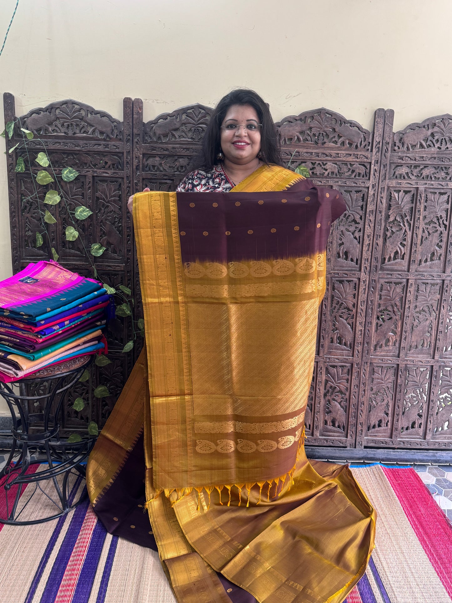Brown Gadwal Silk Saree with Gold Zari Border — Pure Handloom | Silk Mark Certified