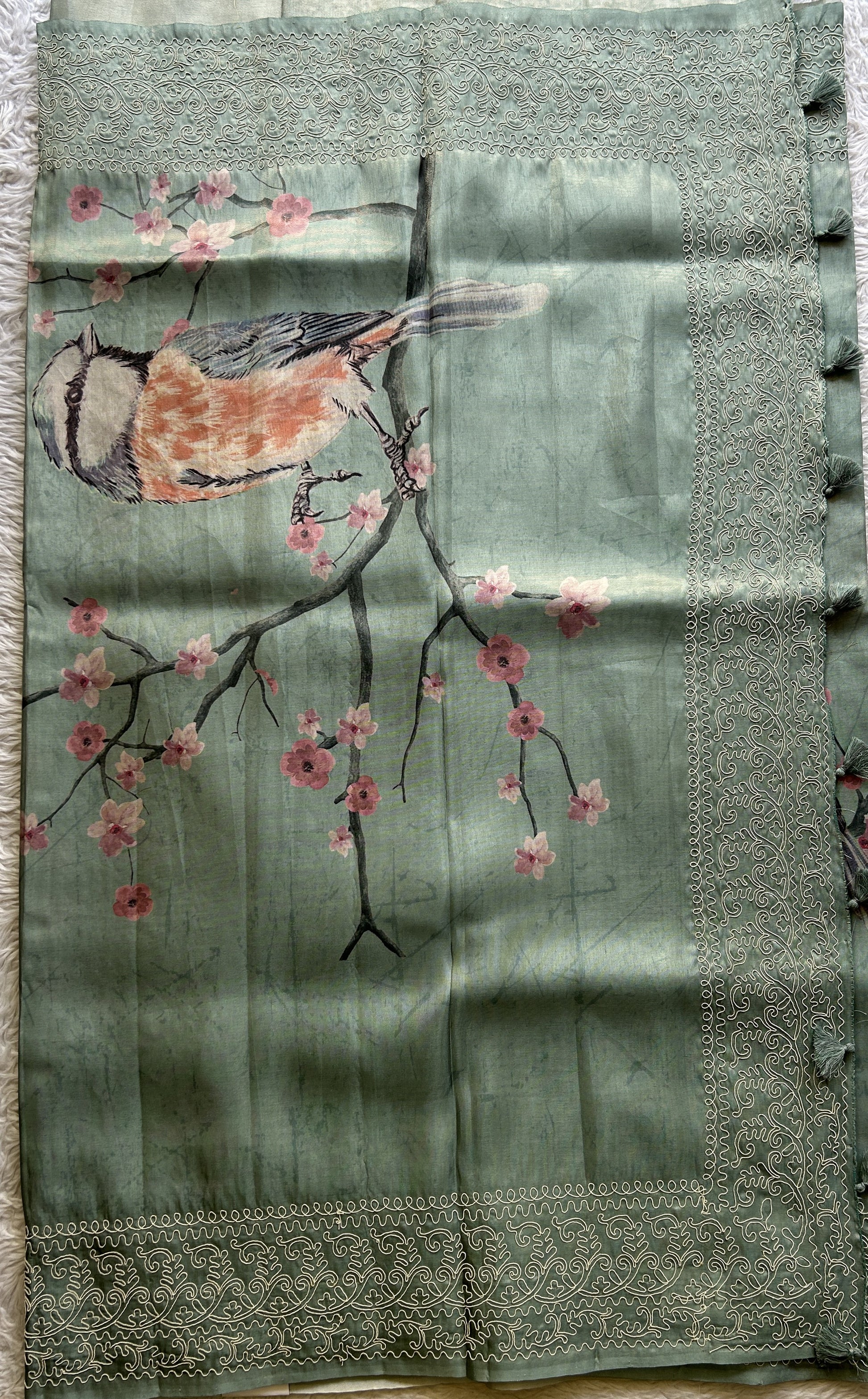 Semi Tussar Saree Sea Green Colored complemented with a Embroidered Border. - Sampradaya Designer Studio
