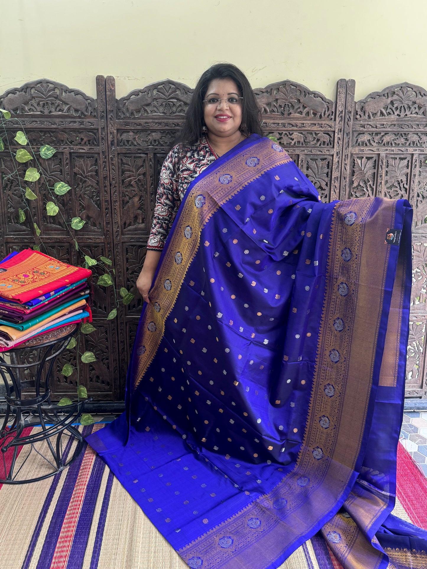 Blue Gadwal Silk Saree with Gold Zari Border — Pure Handloom | Silk Mark Certified