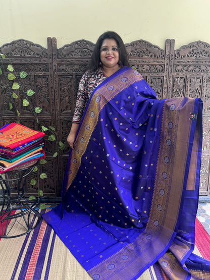 Blue Gadwal Silk Saree with Gold Zari Border — Pure Handloom | Silk Mark Certified