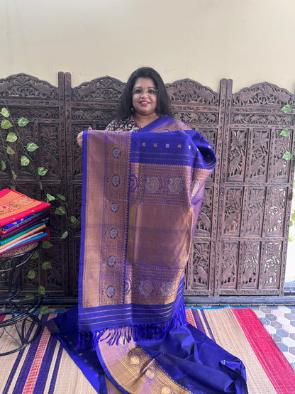 Blue Gadwal Silk Saree with Gold Zari Border — Pure Handloom | Silk Mark Certified