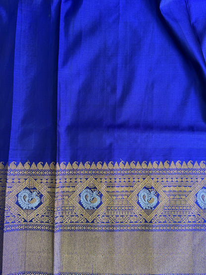 Blue Gadwal Silk Saree with Gold Zari Border — Pure Handloom | Silk Mark Certified