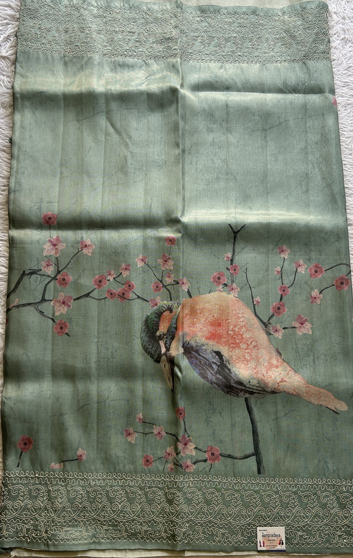 Semi Tussar Saree Sea Green Colored complemented with a Embroidered Border. - Sampradaya Designer Studio