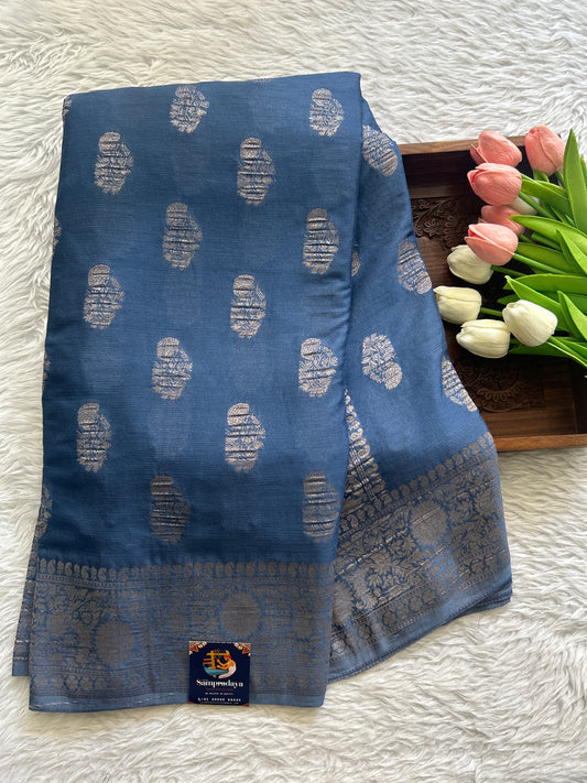 Semi Georgette Saree Blue Colored Complemented with a Zari Border. - Sampradaya Designer Studio