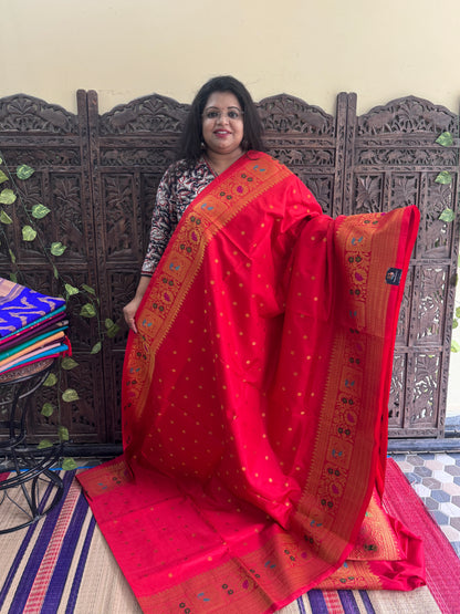 Red Gadwal Silk Saree with Gold Zari Border — Pure Handloom | Silk Mark Certified