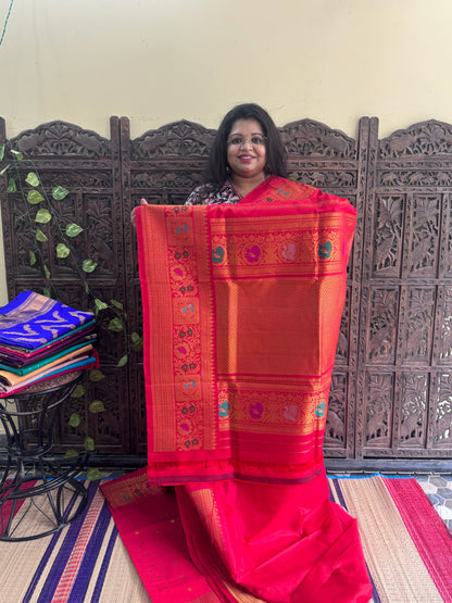 Red Gadwal Silk Saree with Gold Zari Border — Pure Handloom | Silk Mark Certified