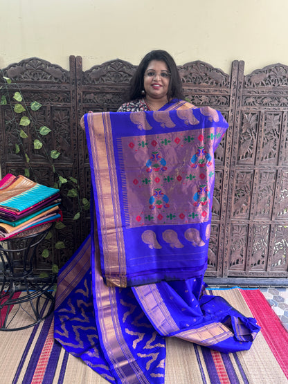 Blue Gadwal Silk Saree with Gold Zari Border — Pure Handloom | Silk Mark Certified