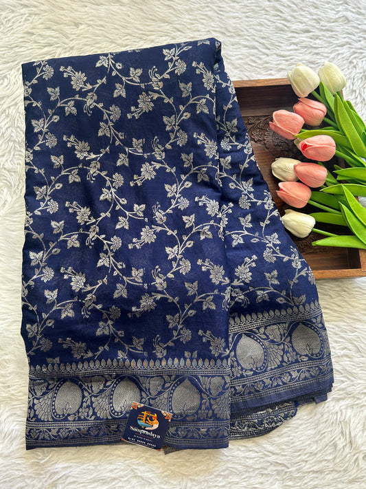 Semi Georgette Saree Ink Blue Colored Complemented with a Zari Border. - Sampradaya Designer Studio