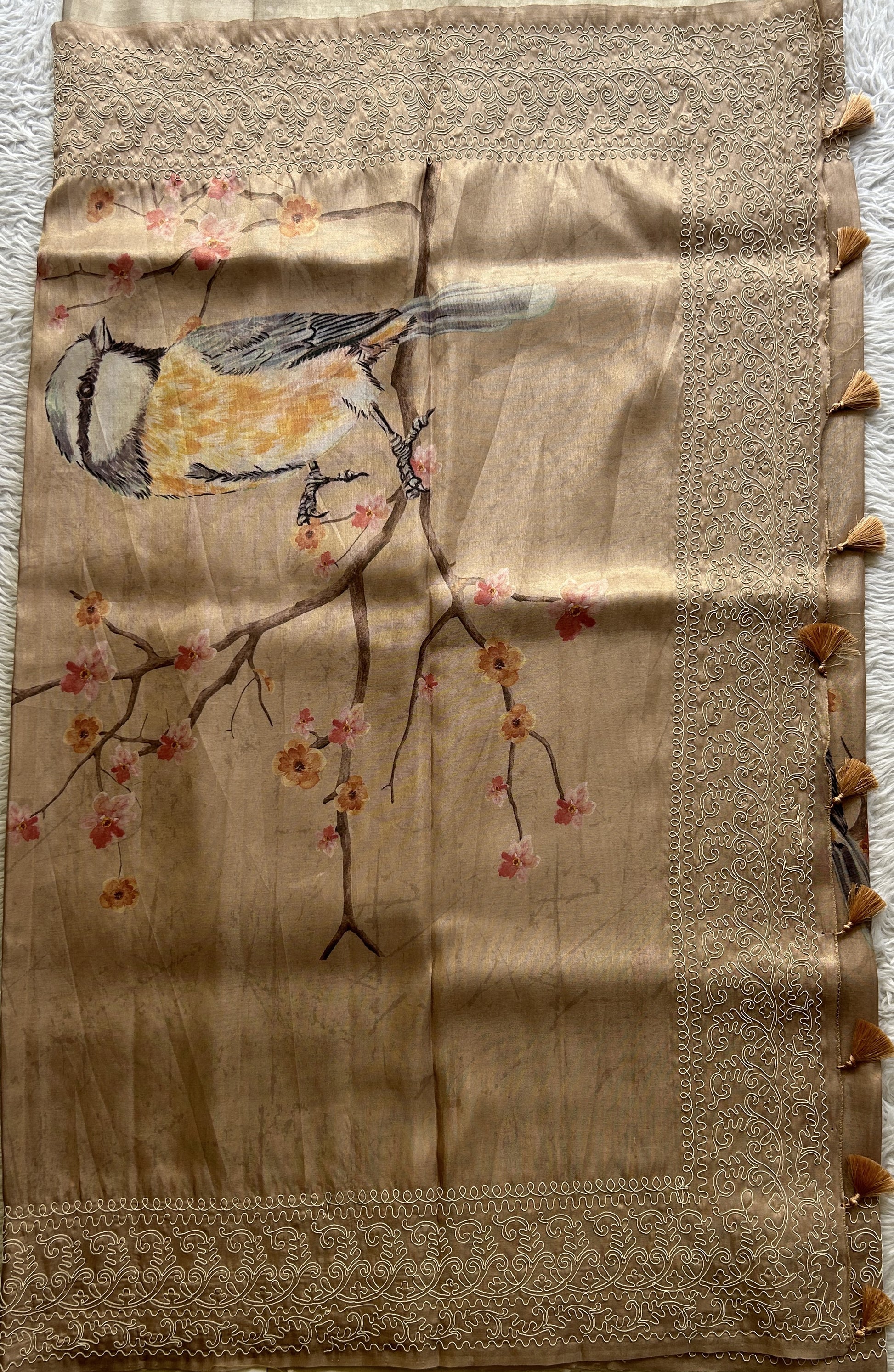 Semi Tussar Saree Light Brown Colored complemented with a Embroidered Border. - Sampradaya Designer Studio