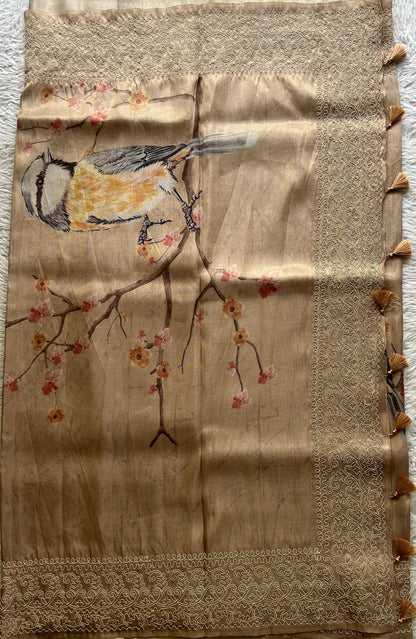 Semi Tussar Saree Light Brown Colored complemented with a Embroidered Border. - Sampradaya Designer Studio