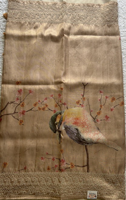 Semi Tussar Saree Light Brown Colored complemented with a Embroidered Border. - Sampradaya Designer Studio