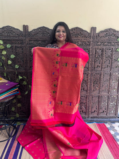 Pink Gadwal Silk Saree with Gold Zari Border — Pure Handloom | Silk Mark Certified