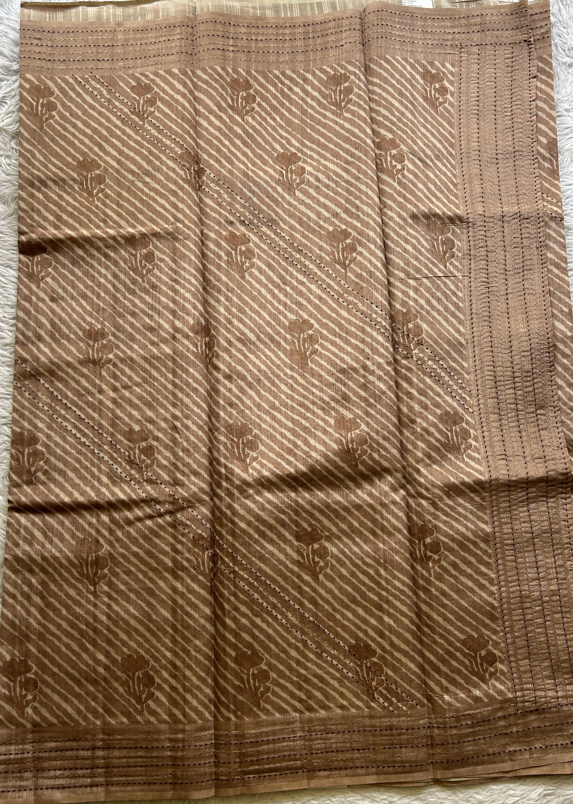 Semi Tussar Saree Light Brown Colored complemented with a Running Stich Border. - Sampradaya Designer Studio