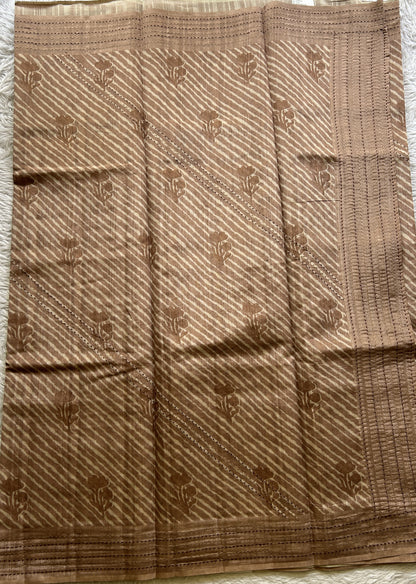 Semi Tussar Saree Light Brown Colored complemented with a Running Stich Border. - Sampradaya Designer Studio