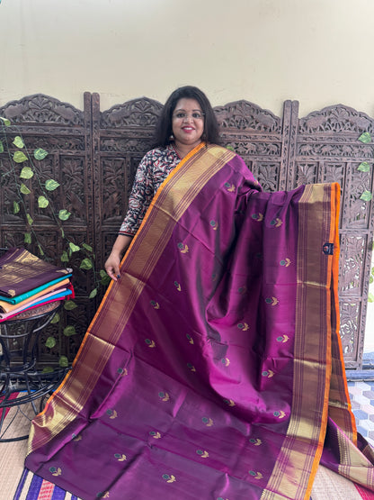 Violet  Gadwal Silk Saree with Gold Zari Border — Pure Handloom | Silk Mark Certified