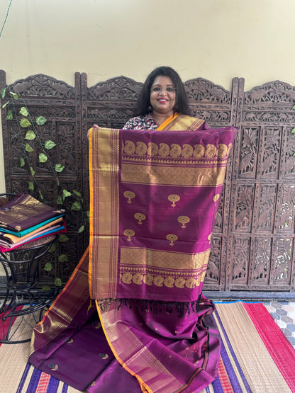 Violet  Gadwal Silk Saree with Gold Zari Border — Pure Handloom | Silk Mark Certified