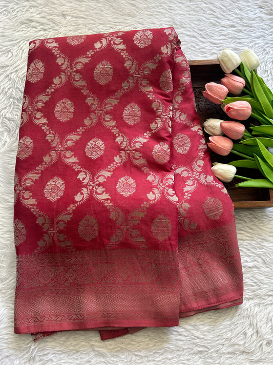 Semi Georgette Saree Raspberry Colored Complemented with a Zari Border. - Sampradaya Designer Studio