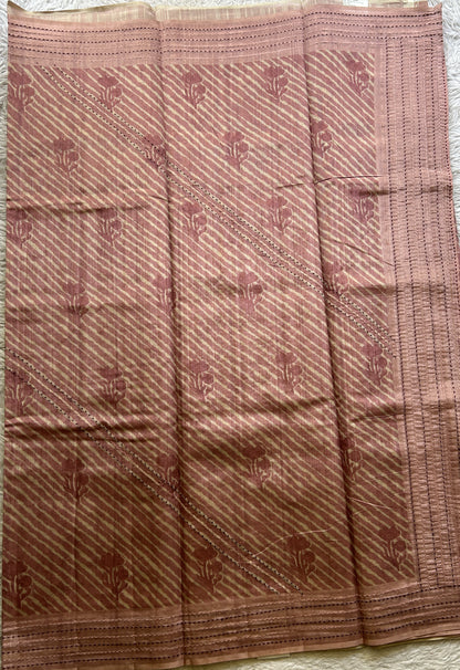 Semi Tussar Saree Light Rose Pink Colored complemented with a Running Stich Border. - Sampradaya Designer Studio