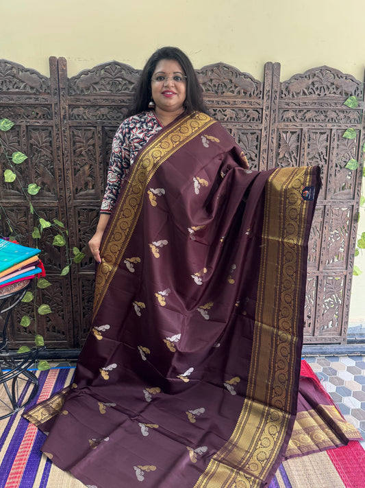 Brown Gadwal Silk Saree with Gold Zari Border — Pure Handloom | Silk Mark Certified