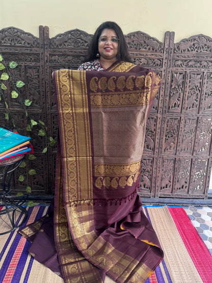 Brown Gadwal Silk Saree with Gold Zari Border — Pure Handloom | Silk Mark Certified