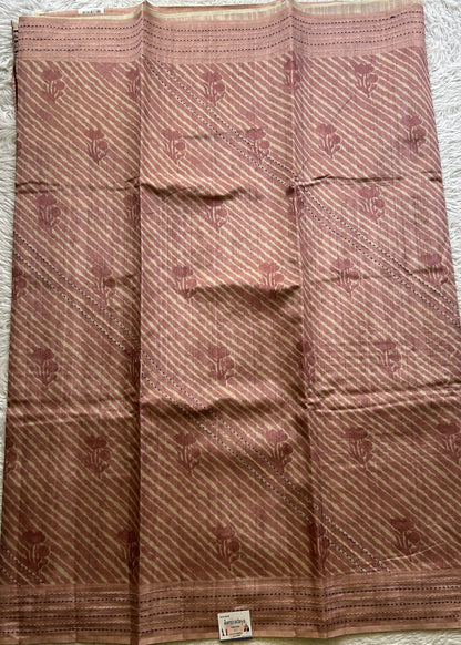 Semi Tussar Saree Light Rose Pink Colored complemented with a Running Stich Border. - Sampradaya Designer Studio