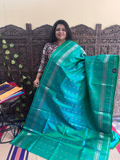 Green Gadwal Silk Saree with Gold Zari Border — Pure Handloom | Silk Mark Certified
