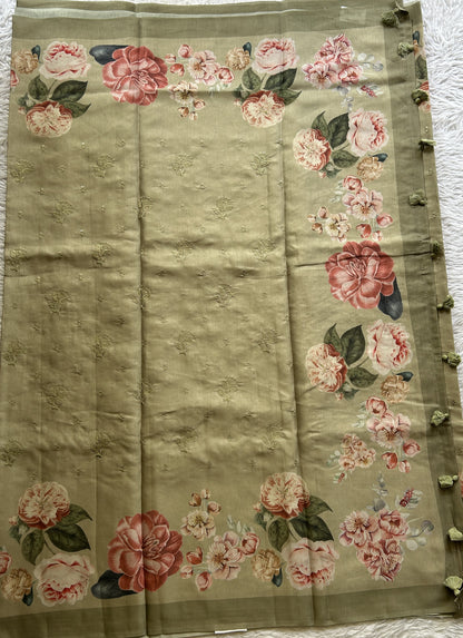 Banarasi Soft Silk Saree Olive Green Colored Complemented with a Plain Border. - Sampradaya Designer Studio